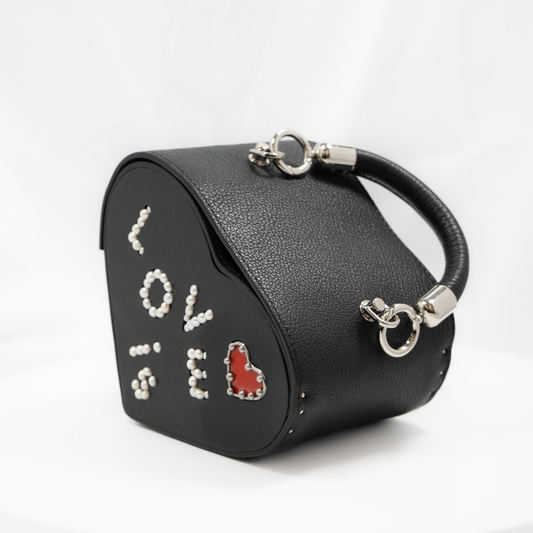 Heart large. Black leather, black wood with glass elements