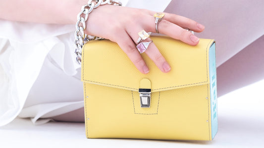 Wood Shinny Bag. Yellow with blue and purple color