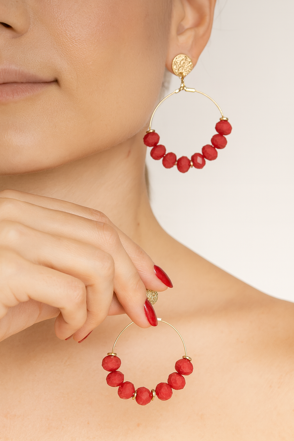 Spanish Designer Hoop Earrings – Gold-Plated with Red Russian Crystals