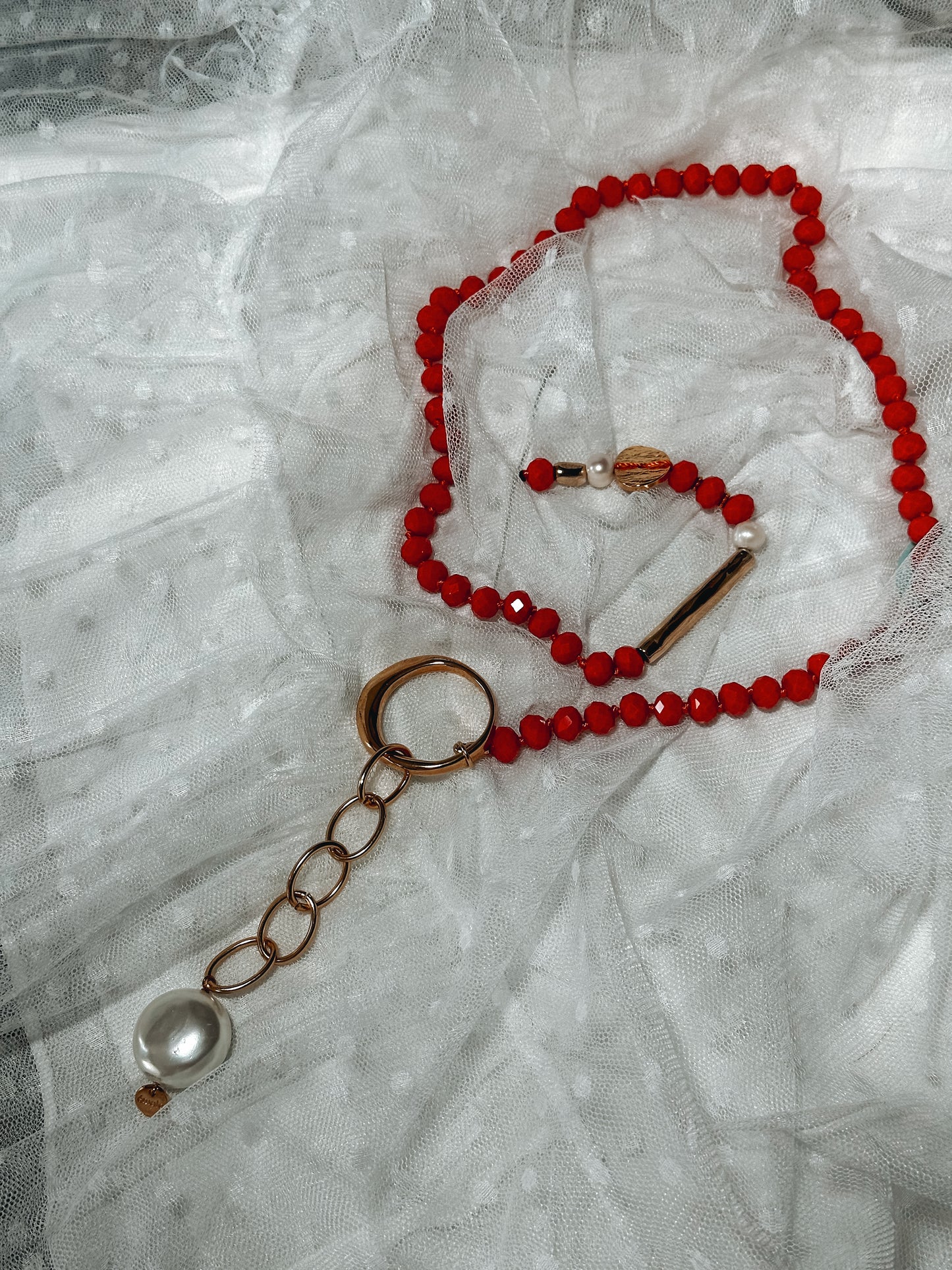 Red Crystal & Pearl Pendant Necklace — Handcrafted Limited Edition