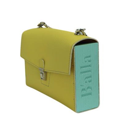 Wood Shinny Bag. Yellow with blue and purple color