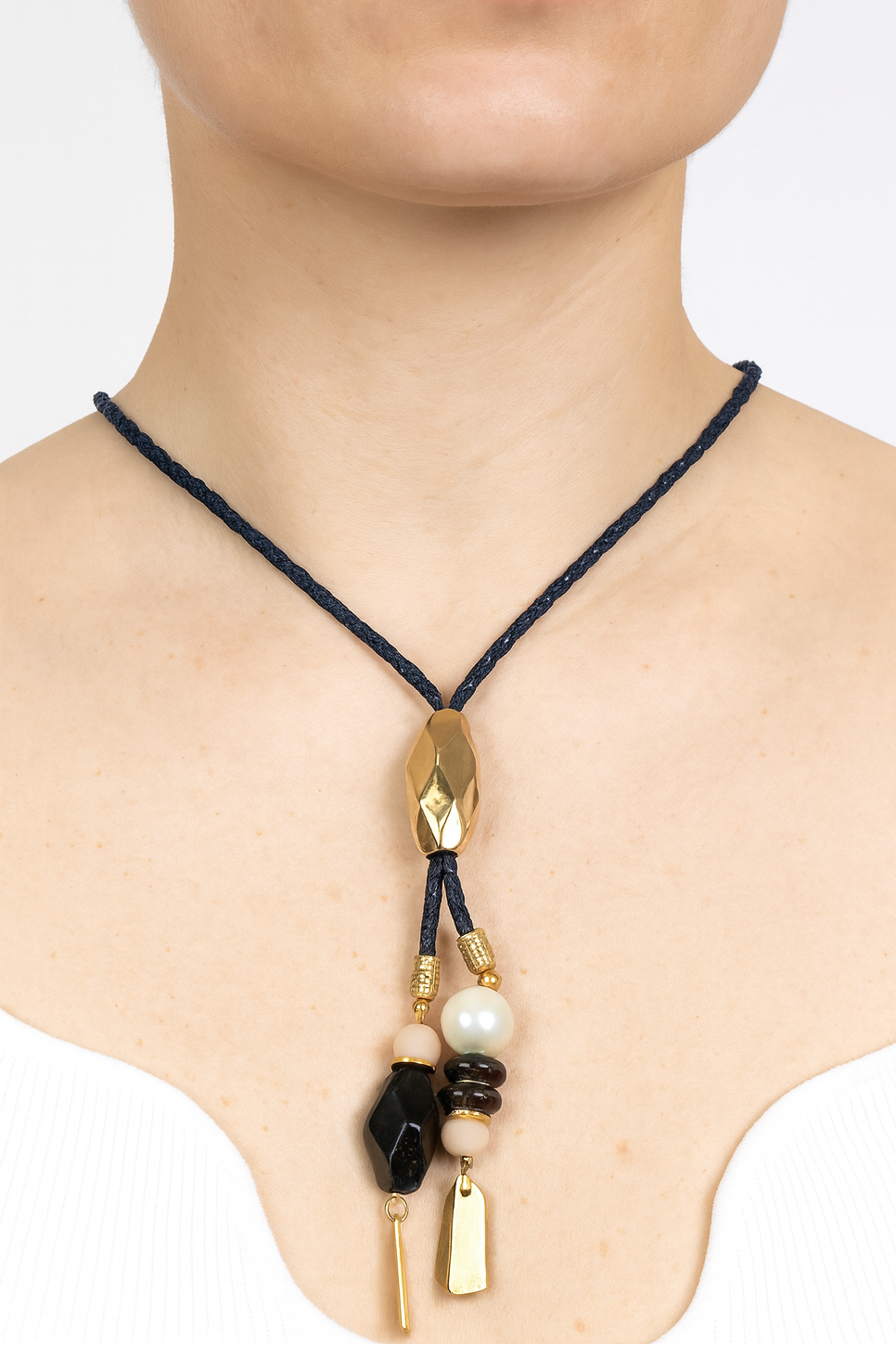 Spanish Designer Pendant Necklace – Gold-Plated with Natural Stones and Leather Cord