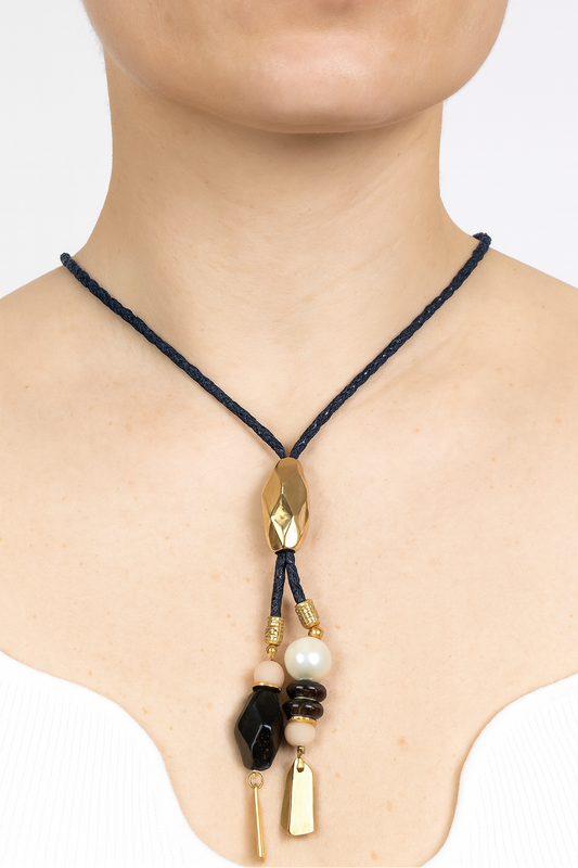 Spanish Designer Pendant Necklace – Gold-Plated with Natural Stones and Leather Cord