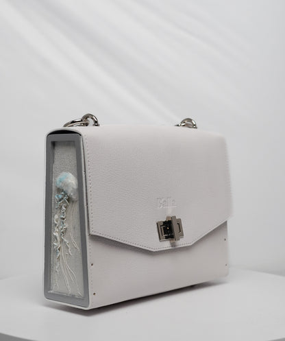 Rebeca White Leather Bag with Artistic Wood Inlay and Marine Design