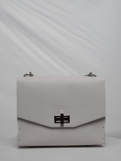Rebeca White Leather Bag with Artistic Wood Inlay and Marine Design