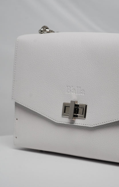 Rebeca White Leather Bag with Artistic Wood Inlay and Marine Design