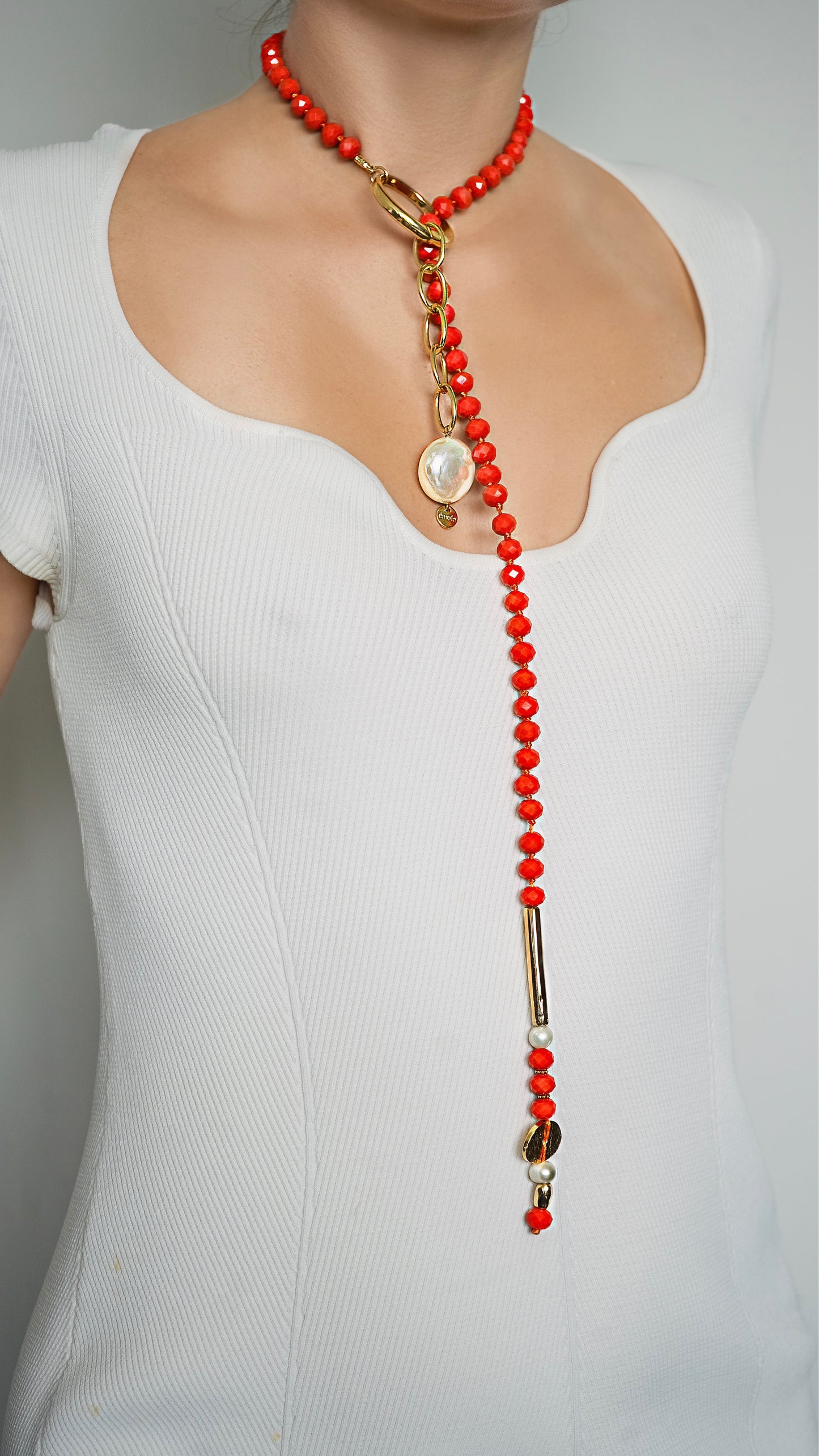 Red Crystal & Pearl Pendant Necklace — Handcrafted Limited Edition